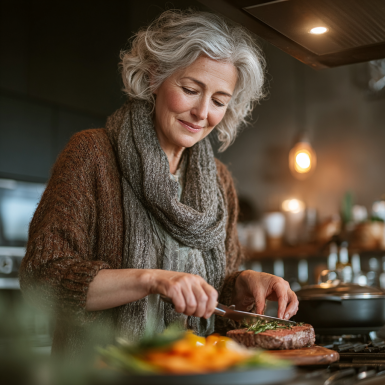 Пожилая женщина готовит здоровую еду