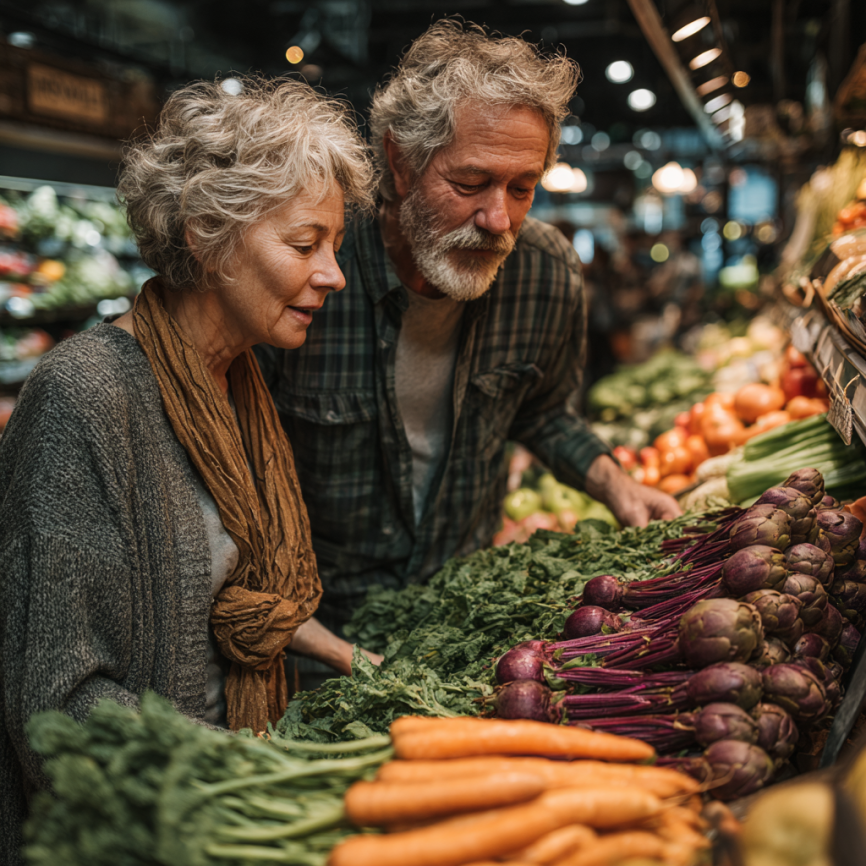 Пожилой мужчина с овощами и фруктами